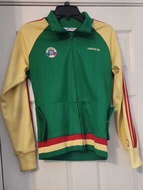 adidas Green Track Jacket with Yellow Sleeves and Red Trim